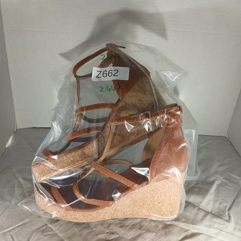 Maurices Cognac Brown Snakeskin Strappy Cork Wedge Sandals‎ Womens Size 9 Z662